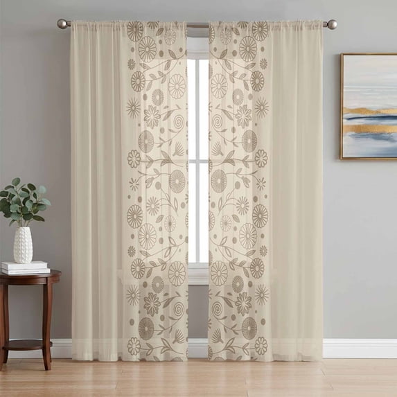 Japanese Sheer Curtains 96 Inch Length 2 Panels Set, Beige Farmhouse Retro Floral Leaf Pattern Voile Window Treatment Semi Sheer Long Curtains Drapes for Bedroom/Living Room/Kitchen 52"x96"x2