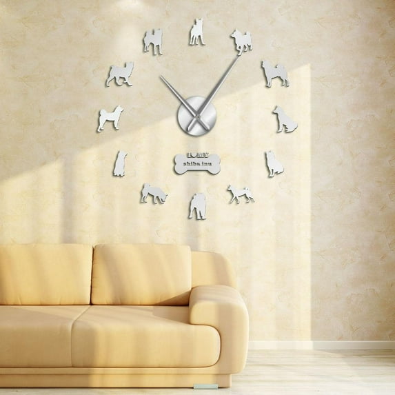 Japanese Shiba Inu Dog Decorative Modern Wall Clocks Shiba Ken Dog Breed Frame Large Wall Clock With DIY Arylic Mirror Stickers(Silver,37inch)