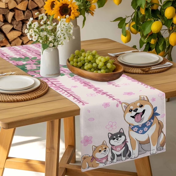 Japanese Shiba Inu Pink Cherry Blossoms Table Runner-36 Inch Long Green Leaves Table Runners Linen Burlap Tablerunner for Kitchen Dining Room Holiday Party