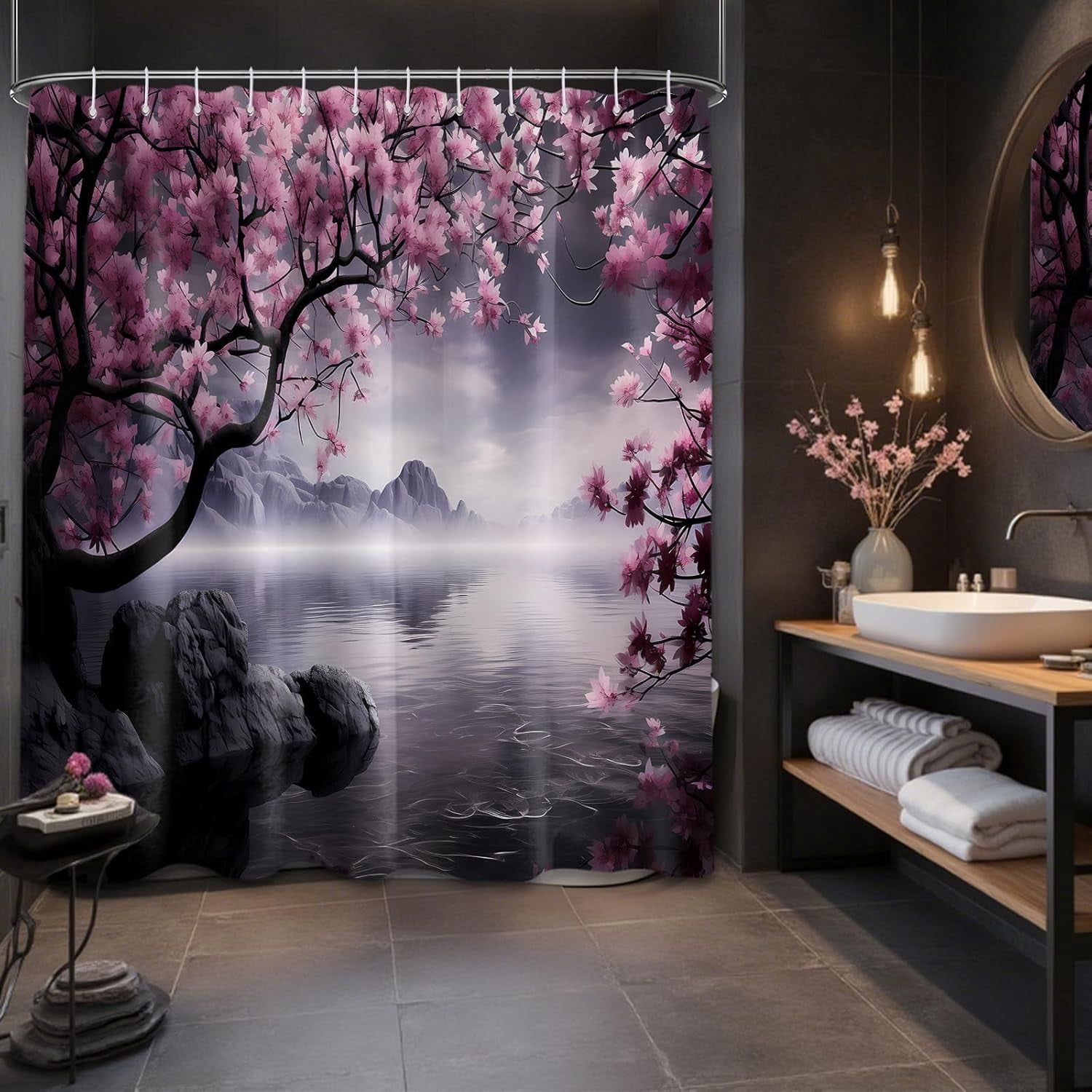 Japanese Shower Curtain Asian Cherry Blossom Bathroom Decor Mountain