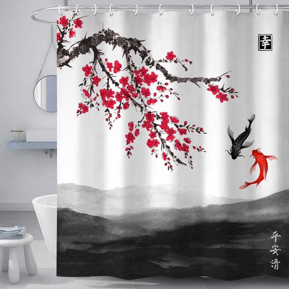 Japanese Shower Curtain for Bathroom, Cherry Blossom Red Sakura Floral Ink Painting Chinese Asian Themed Bathroom Decorations, Polyester Waterproof Fabric Bathtub Curtain with Hooks
