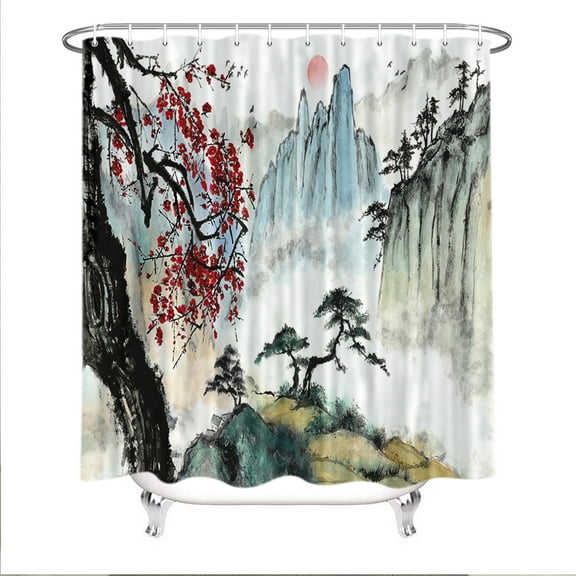 Japanese Shower Curtain, Cherry Blossom Shower Curtains, Asian Japanese Bath Curtain, Nature Landscape Shower Curtain for Bedroom Home Decor 72X72 inches
