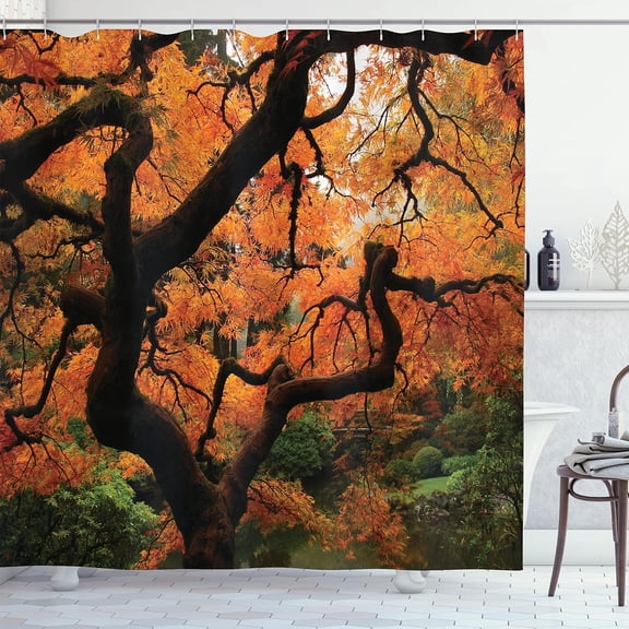 Japanese Shower Curtain, Japanese Maple Trees Deep Dark in The Forest Quite Meditative Environment Photo, Cloth Fabric Bathroom Decor Set with Hooks, 72" W x 84" L, Orange Brown