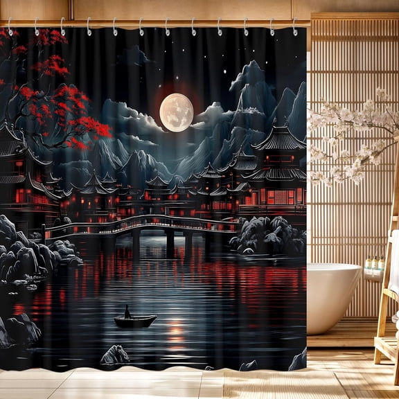Japanese Shower Curtain for Men Bathroom, Cool Red and Black Dark Nature Mountain Riverside Full Moon Landscape Anime Shower Curtain Set, Asia Art Bathroom with Hooks-48"W x 72"L (Pack of 1)