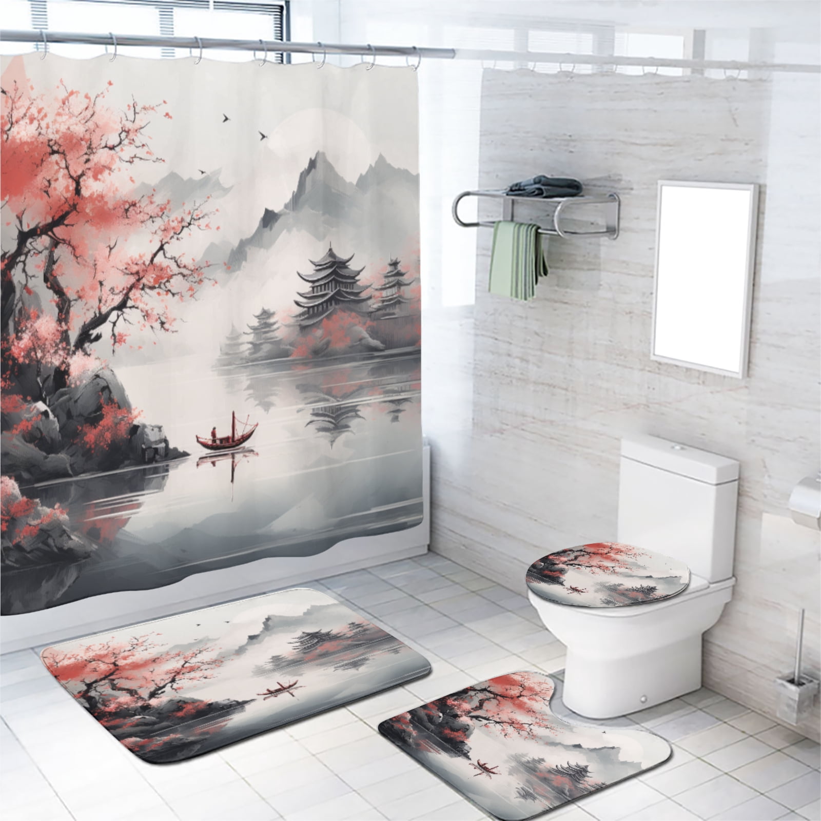 Japanese Shower Curtain Sets with Rugs 4 Piece Spring Red Cherry Blossom Tree Vintage Sailboat Bath Curtain for Bathroom Waterproof Fabric Bathroom Decor Set, 72x72 Inch