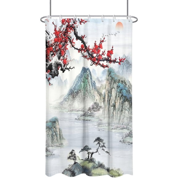 Japanese Shower Curtain Stall Small Half Single Mini Anime Cherry Blossom Asian Oriental Chinese Cool Red Floral Nature Mountain Fabric Cloth Bathroom Decor Set 36x72 inch Polyester 7 Hooks
