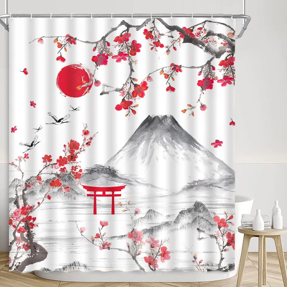 Japanese Shower Curtain Traditional Ink Painting Cherry Blossom Red Sun