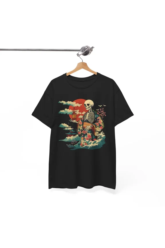 Japanese Skeleton Sun Boho T-Shirt | Mecha Anime Style Tee | Sci-Fi Tokyo Shirt