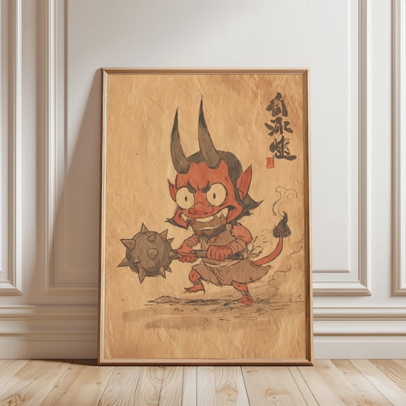 Japanese Sketch Illustration Red Oni Demon Mythology Home Wall Decor, Stretched Canvas 8x10in