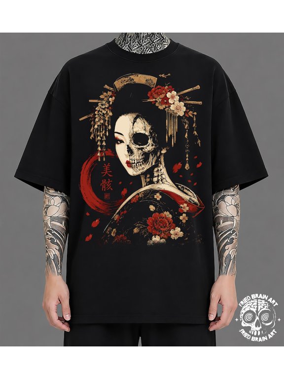 Japanese Skull Geisha Graphic T-Shirt, Gothic Skeleton Half Face Tee, Dark Y2K Alternative Vintage Cotton Shirt