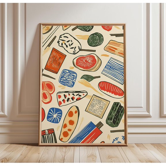 Japanese Snack Pattern Print Colorful Food Wall Art Retro Kitchen Poster