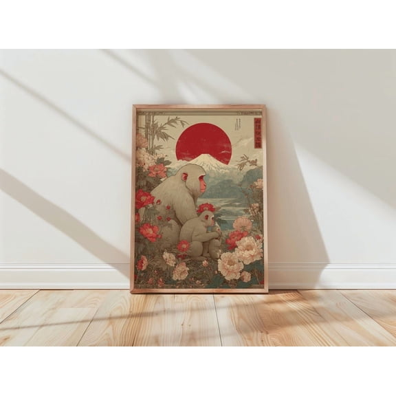 Japanese Snow Monkey Red Sun Cherry Blossom Poster Unframed Paper Print