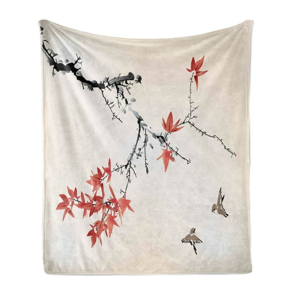 Japanese Soft Flannel Fleece Blanket, Cherry Blossom Sakura Tree Branches Romantic Spring Themed Watercolor Picture, Cozy Plush for Indoor and Outdoor Use, 60" x 80", Black and Coral, by Ambesonne