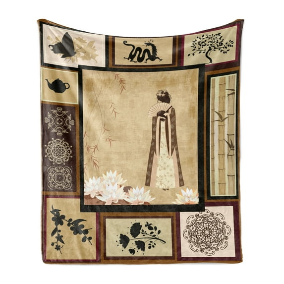 Japanese Soft Flannel Fleece Blanket, Girl in Traditional Dress and Cultural Patterns Ornaments Antique Eastern Collage, Cozy Plush for Indoor and Outdoor Use, 50" x 60", Multicolor, by Ambesonne