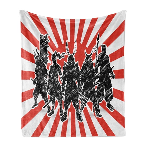 Japanese Soft Flannel Fleece Blanket, Group of Samurai Ninja Posing and Getting Ready on Unusual Striped Retro Backdrop, Cozy Plush for Indoor and Outdoor Use, 50" x 70", Red Black, by Ambesonne
