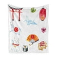 thumbnail image 1 of Japanese Soft Flannel Fleece Blanket, Hand Drawn Traditional Elements Watercolors Torii Gate Origami Bird Flag Lacky Cat, Cozy Plush for Indoor and Outdoor Use, 50" x 60", Multicolor, by Ambesonne, 1 of 5