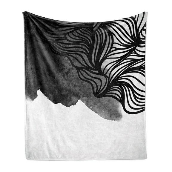 Japanese Soft Flannel Fleece Blanket, Ink Art Style Waves in Urban Minimalist Watercolor Theme Print, Cozy Plush for Indoor and Outdoor Use, 50" x 60", Grey Charcoal Grey and White, by Ambesonne