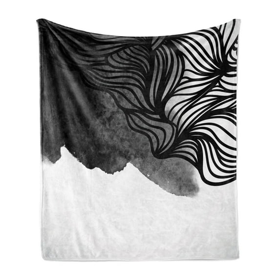 Japanese Soft Flannel Fleece Blanket, Ink Art Style Waves in Urban Minimalist Watercolor Theme Print, Cozy Plush for Indoor and Outdoor Use, 50" x 60", Grey Charcoal Grey and White, by Ambesonne