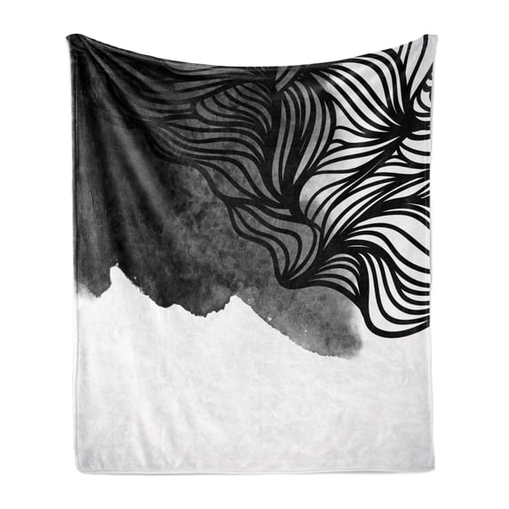 Japanese Soft Flannel Fleece Blanket, Ink Art Style Waves in Urban Minimalist Watercolor Theme Print, Cozy Plush for Indoor and Outdoor Use, 50" x 70", Grey Charcoal Grey and White, by Ambesonne