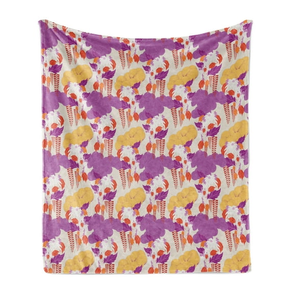 Japanese Soft Flannel Fleece Blanket, Oriental Nature Composition of Thriving Garden with Abstract Flowers and Foliage, Cozy Plush for Indoor and Outdoor Use, 70" x 90", Multicolor, by Ambesonne