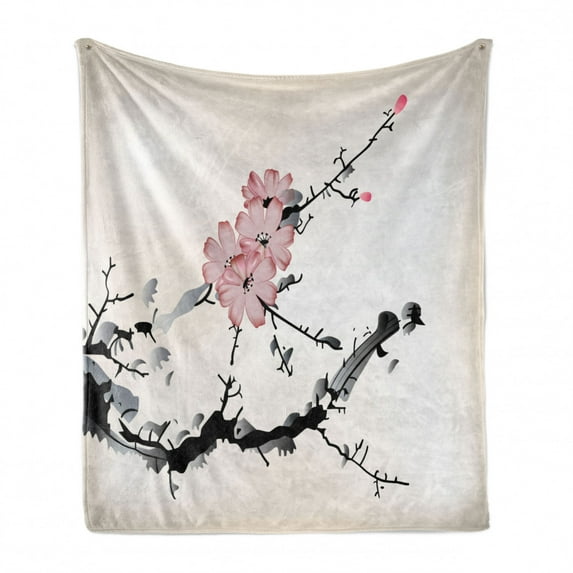Japanese Soft Flannel Fleece Blanket, Watercolors Illustration Traditional Native Blossoming Floral Temperate Zone Plant, Cozy Plush for Indoor and Outdoor Use, 50" x 60", Pink Black, by Ambesonne