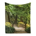 thumbnail image 1 of Japanese Soft Flannel Fleece Blanket, Wooden Bridge over Pond in Garden Calmness in Shadow of Trees Serenity in Nature, Cozy Plush for Indoor and Outdoor Use, 50" x 60", Green Brown, by Ambesonne, 1 of 5