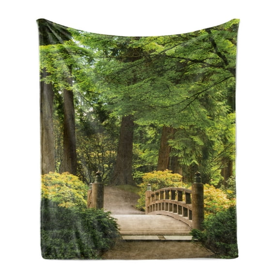 Japanese Soft Flannel Fleece Blanket, Wooden Bridge over Pond in Garden Calmness in Shadow of Trees Serenity in Nature, Cozy Plush for Indoor and Outdoor Use, 50" x 70", Green Brown, by Ambesonne