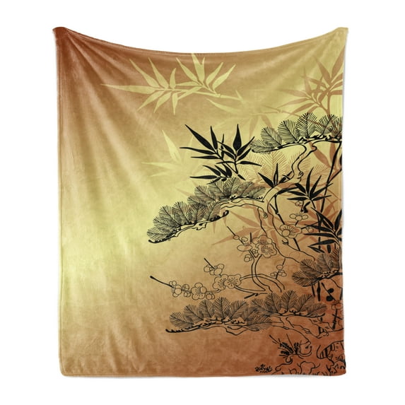 Japanese Soft Flannel Fleece Throw Blanket, Branches and Bamboo Motifs with Showy Fragrant Leaves Nature Illustration, Cozy Plush for Indoor and Outdoor Use, 50" x 70", Sepia Black, by Ambesonne