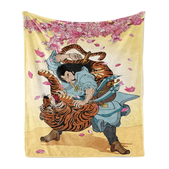 Japanese Soft Flannel Fleece Throw Blanket, Brave Samurai Tiger Clash Turn into Floral Sakura Cherry Blossoms Cartoon Print, Cozy Plush for Indoor and Outdoor Use, 70" x 90", Multicolor, by Ambesonne
