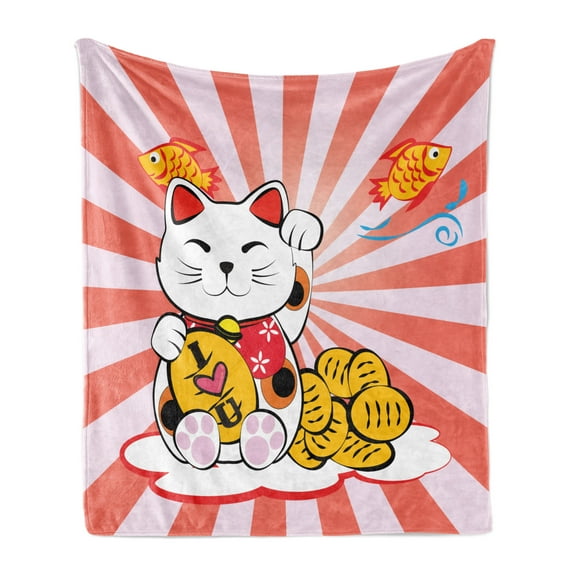 Japanese Soft Flannel Fleece Throw Blanket, Cartoon Style Oriental Composition with Starburst Lines Cat and Fishes Colorful, Cozy Plush for Indoor and Outdoor Use, 50" x 70", Multicolor, by Ambesonne