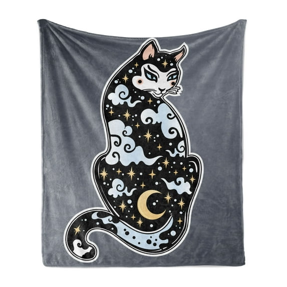Japanese Soft Flannel Fleece Throw Blanket, Cat Hand Drawn with Alchemic Sky Stars Clouds Traditional, Cozy Plush for Indoor and Outdoor Use, 50" x 60", Charcoal Grey and Multicolor, by Ambesonne