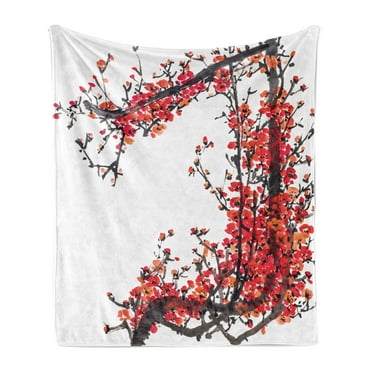 Japanese Soft Flannel Fleece Throw Blanket, Cherry Blossom Sakura Branch Brushstrokes Image Print, Cozy Plush for Indoor and Outdoor Use, 50" x 70", Red and Brown, by Ambesonne