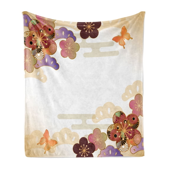 Japanese Soft Flannel Fleece Throw Blanket, Colourful Bunch of Flowers Motif Oriental Early Spring Flora, Cozy Plush for Indoor and Outdoor Use, 60" x 80", Multicolor, by Ambesonne