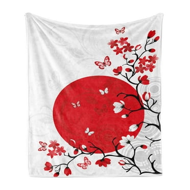 Japanese Soft Flannel Fleece Throw Blanket, Japanese Culture Inspired Artwork Cherry Blossom Sakura Tree Eastern, Cozy Plush for Indoor and Outdoor Use, 50" x 70", Vermilion Black White, by Ambesonne