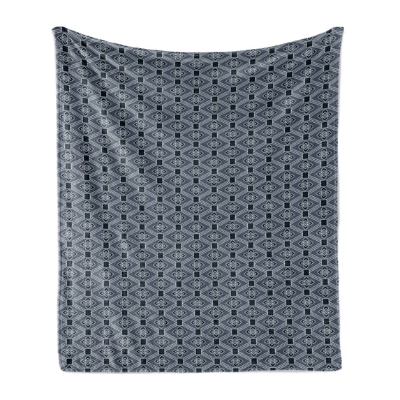 Japanese Soft Flannel Fleece Throw Blanket, Diamond Line Pattern with Squares and Abstract Graphic Flowers, Cozy Plush for Indoor and Outdoor Use, 70" x 90", Charcoal Grey Dark Blue, by Ambesonne