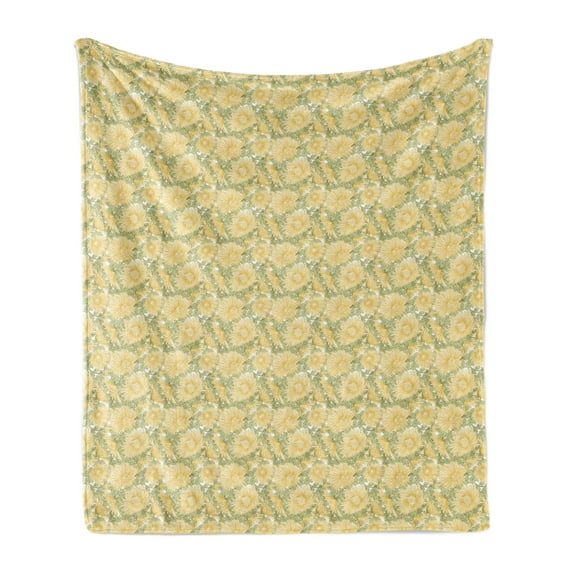 Japanese Soft Flannel Fleece Throw Blanket, Eastern Nature Floral Pattern with Chrysanthemum Blossoms, Cozy Plush for Indoor and Outdoor Use, 50" x 60", Sage Green Pale Mustard, by Ambesonne