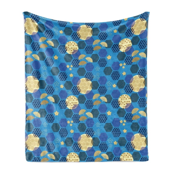 Japanese Soft Flannel Fleece Throw Blanket, Folkloric Ornamental Hexagons Ethnic Fans and Flowers Art, Cozy Plush for Indoor and Outdoor Use, 50" x 70", Azure Blue and Multicolor, by Ambesonne