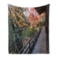 thumbnail image 1 of Japanese Soft Flannel Fleece Throw Blanket, Forest Landscape from a Wooden Balcony in the Fall Paradise Maple Tree Print, Cozy Plush for Indoor and Outdoor Use, 60" x 80", Green Brown, by Ambesonne, 1 of 5