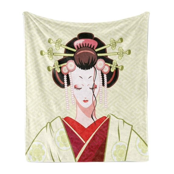 Japanese Soft Flannel Fleece Throw Blanket, Geisha Woman Portrait Traditional Kimono Maiko Cultural Hairdo, Cozy Plush for Indoor and Outdoor Use, 60" x 80", Green Red Pale Yellow, by Ambesonne