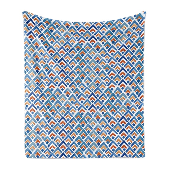 Japanese Soft Flannel Fleece Throw Blanket, Geometric Chevron Repeating Pattern in Watercolor Style Abstract Artwork, Cozy Plush for Indoor and Outdoor Use, 60" x 80", Pale Blue Orange, by Ambesonne