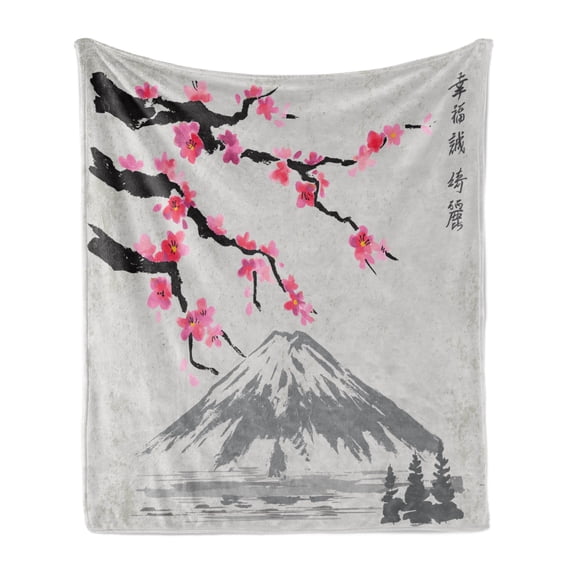 Japanese Soft Flannel Fleece Throw Blanket, Greyscale Grunge Background with Fujiyama Mountain and Cherry Blossoms, Cozy Plush for Indoor and Outdoor Use, 60" x 80", Grey Black and Pink, by Ambesonne