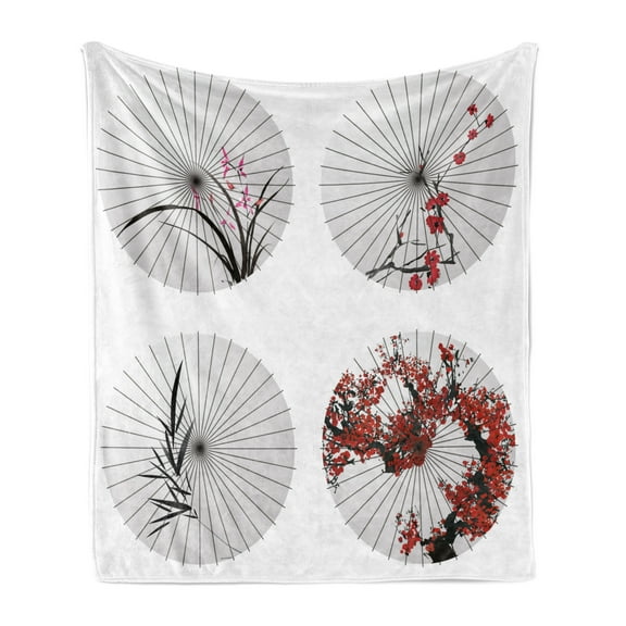 Japanese Soft Flannel Fleece Throw Blanket, Group of Parasol with Swirled Floral Lines and Bamboo Leaves Artwork Print, Cozy Plush for Indoor and Outdoor Use, 50" x 70", Red White, by Ambesonne
