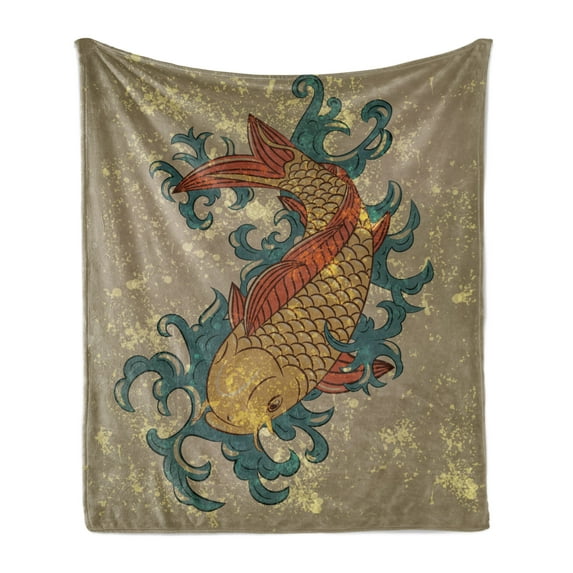 Japanese Soft Flannel Fleece Throw Blanket, Grunge Style Oriental Water Koi Carp Fish Aquatic Theme Distressed Pattern, Cozy Plush for Indoor and Outdoor Use, 50" x 70", Multicolor, by Ambesonne