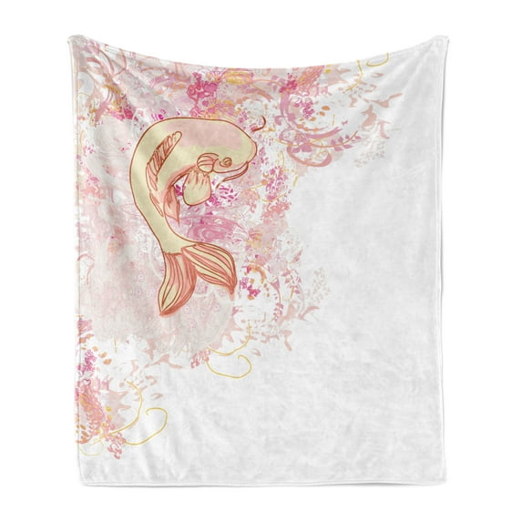 Japanese Soft Flannel Fleece Throw Blanket, Koi Fish Classic Reflexive Splashed Setting Love Themed Exotic Inspired, Cozy Plush for Indoor and Outdoor Use, 60" x 80", Pink Yellow, by Ambesonne
