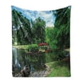thumbnail image 1 of Japanese Soft Flannel Fleece Throw Blanket, Lake Red Bridge in Gardens Trees Natural Paradise Theme Loneliness in Nature, Cozy Plush for Indoor and Outdoor Use, 70" x 90", Green Blue, by Ambesonne, 1 of 5