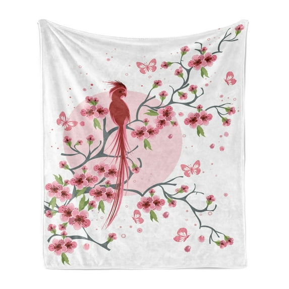 Japanese Soft Flannel Fleece Throw Blanket, Mythical Long Lived Phoenix Bird on Floral Sakura Branch Looking Back Artwork, Cozy Plush for Indoor and Outdoor Use, 60" x 80", Pink, by Ambesonne