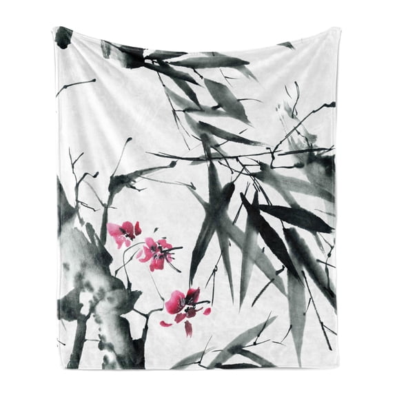 Japanese Soft Flannel Fleece Throw Blanket, Natural Bamboo Stems Cherry Blossom Japanese Inspired Folk Print, Cozy Plush for Indoor and Outdoor Use, 50" x 60", Dark Green Fuchsia, by Ambesonne