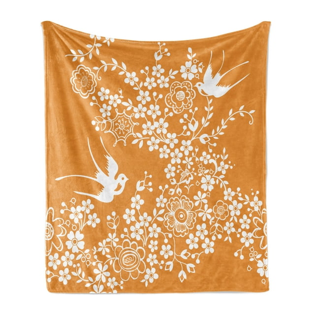 Japanese Soft Flannel Fleece Throw Blanket, Oriental Floral Japanese Style Flying Birds Pastel Colored Spring Pattern, Cozy Plush for Indoor and Outdoor Use, 50" x 60", Marigold White, by Ambesonne