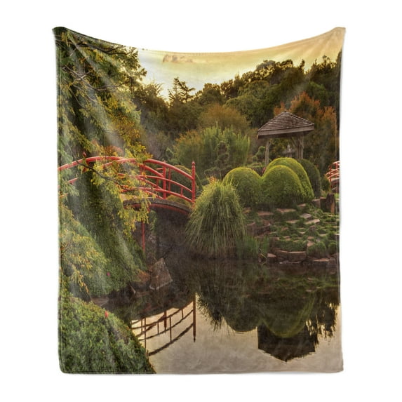 Japanese Soft Flannel Fleece Throw Blanket, Peaceful Garden Twilight Reflections in Water Red Bridge on Pond Sunset, Cozy Plush for Indoor and Outdoor Use, 60" x 80", Green Yellow, by Ambesonne