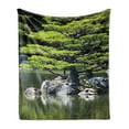 thumbnail image 1 of Japanese Soft Flannel Fleece Throw Blanket, Pine Tree in Lake with Stones Japanese Organic Nature Scenery with Garden Theme, Cozy Plush for Indoor and Outdoor Use, 50" x 60", Green, by Ambesonne, 1 of 5